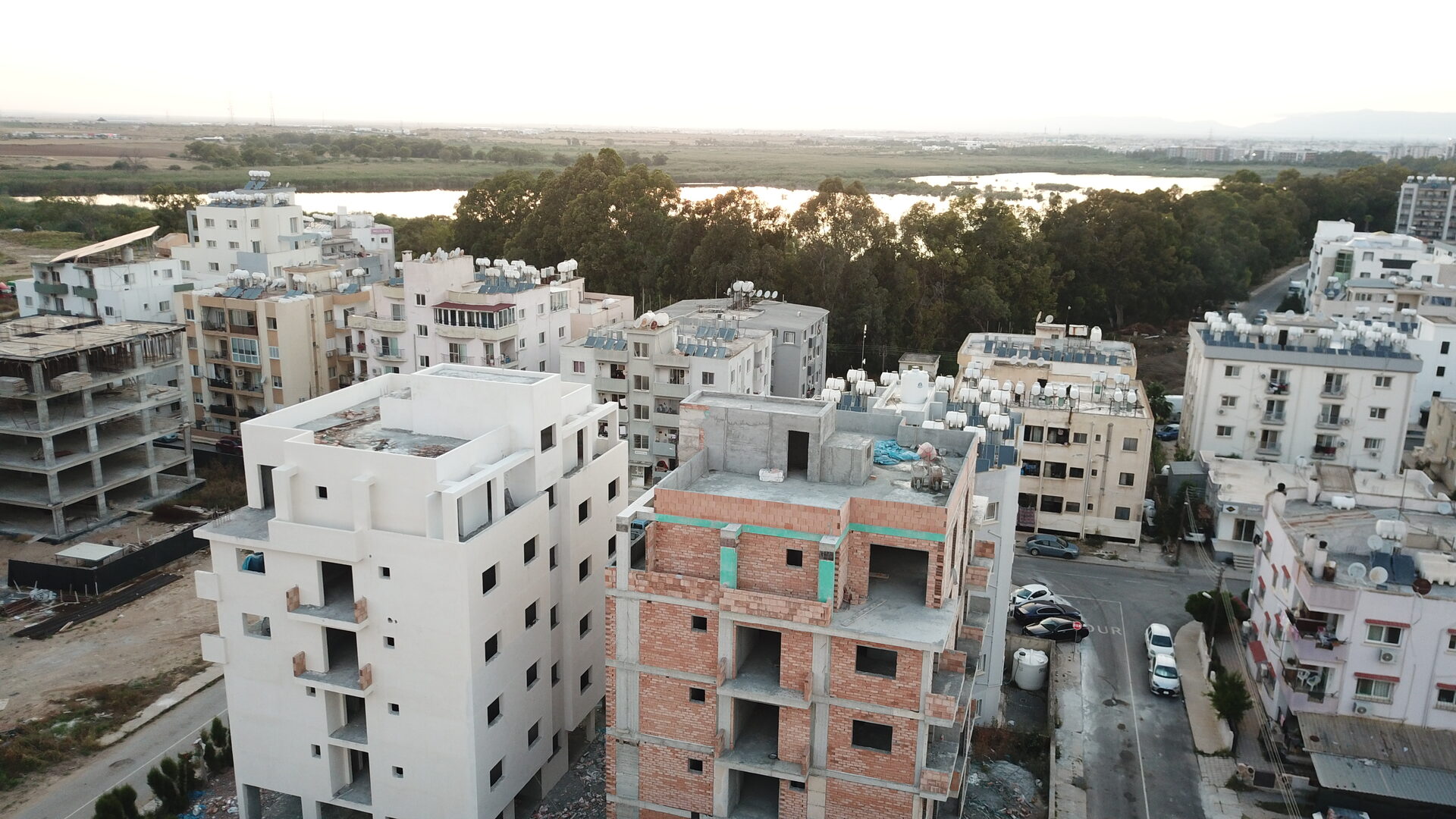 Saffron — aerial view of both blocks and the surrounding wetlands