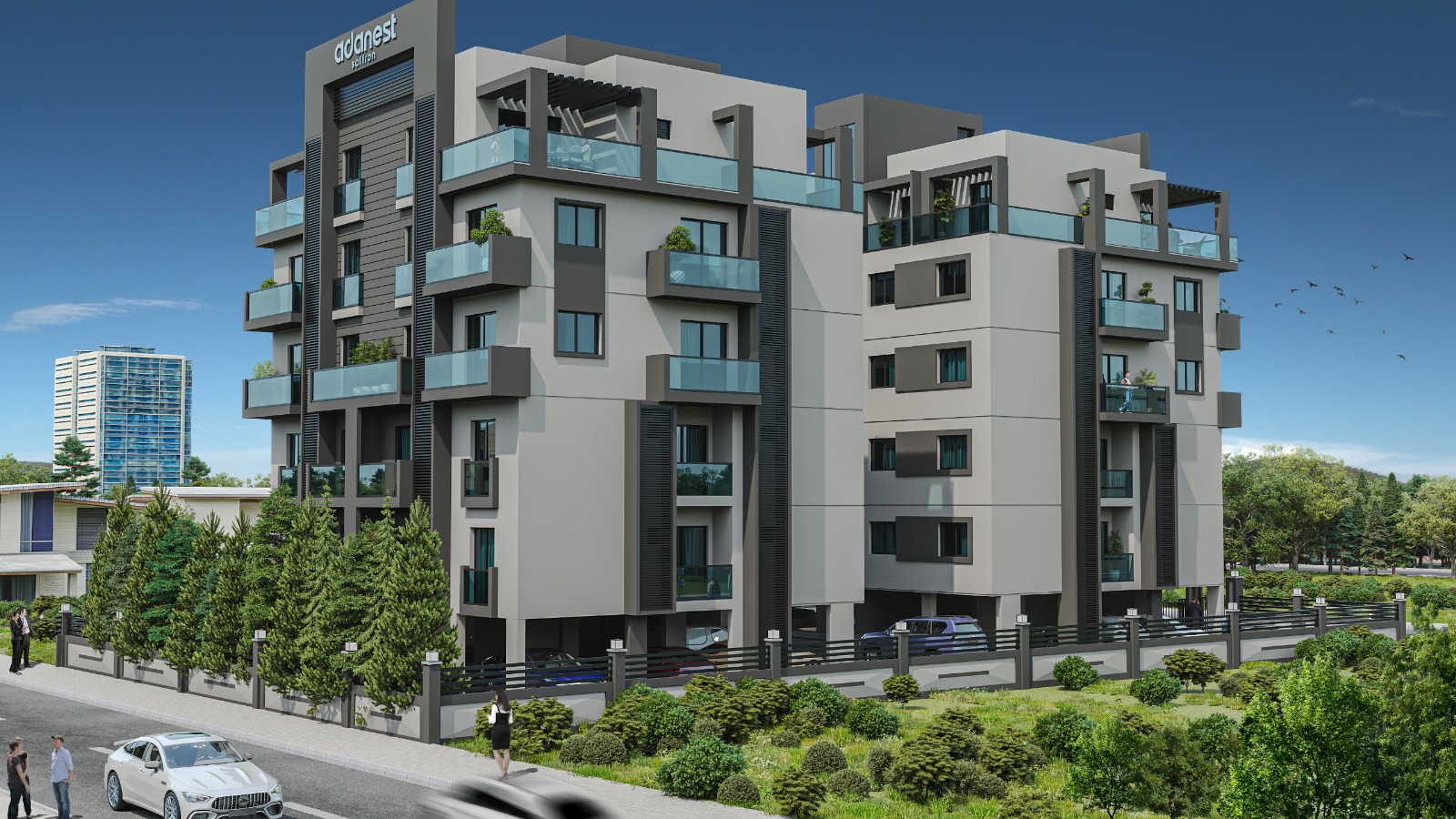 Saffron apartments Famagusta — exterior render at golden hour